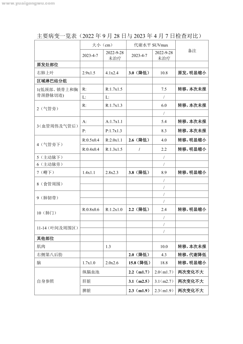 主要病灶大小及代谢水平